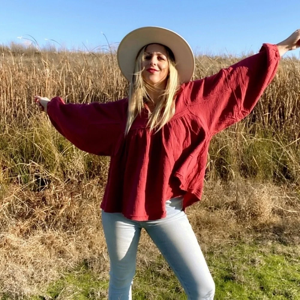 Ces Femme Burnt Orange Gauze Peasant Blouse - Picture 2 of 14